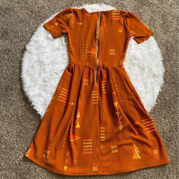 LULAROE Amelia Dress Zip Fit N Flare Triangles Pockets New Burnt Orange Size XS - Picture 2 of 10